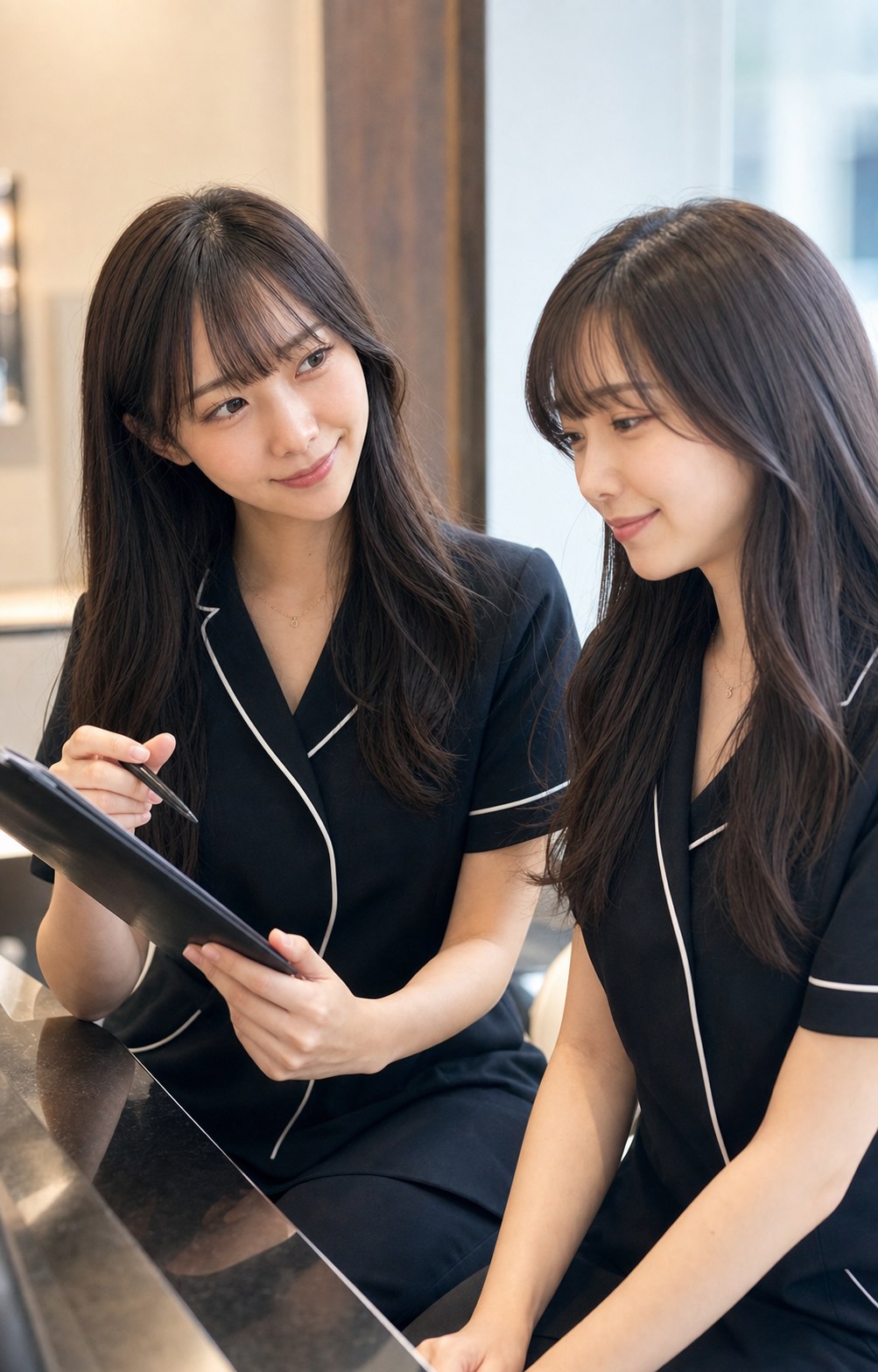 先輩スタッフが後輩の相談に乗る面談シーン