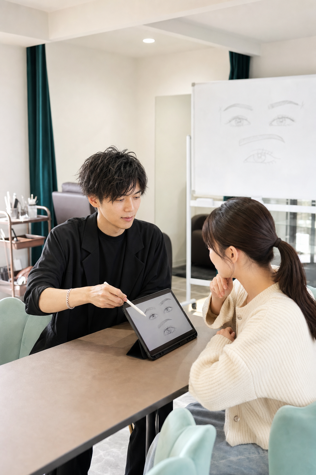 眉毛スクールの研修で、講師がタブレットを使い眉デザインのカウンセリングを受講生に指導する様子