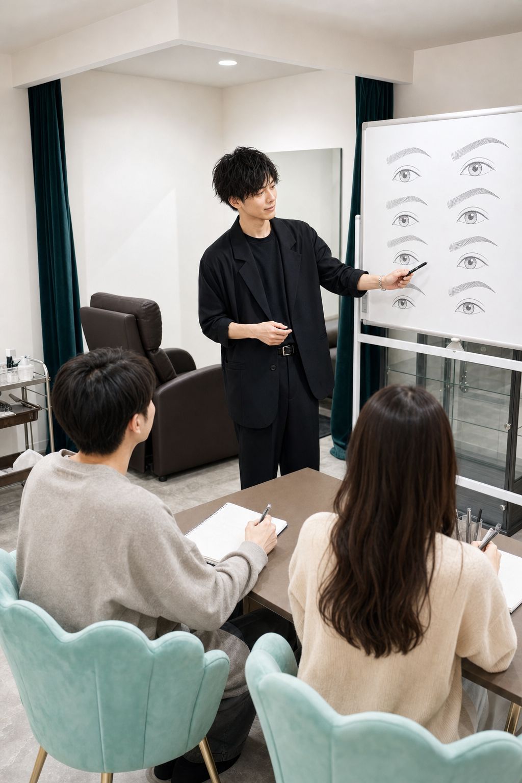 ホワイトボードで眉デザイン理論を学ぶアイブロウスクールの座学風景(講師と受講生)