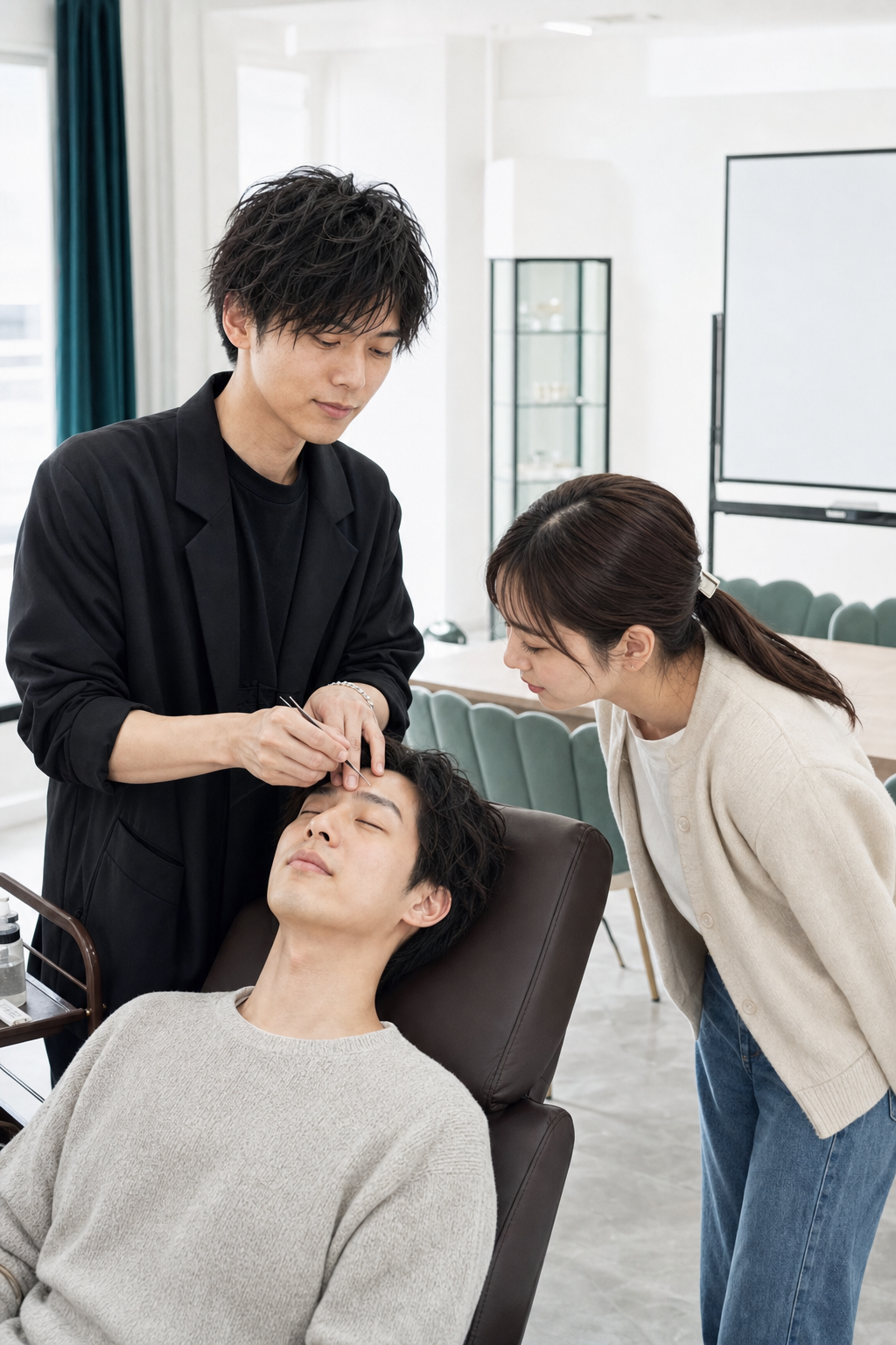 講師が眉カットの技術をモデルで実演する眉毛スクールの実技研修