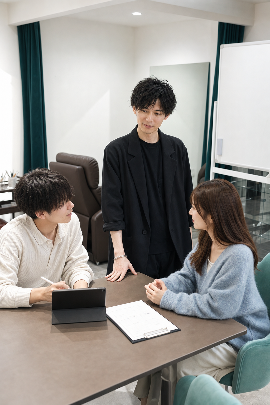 眉毛のカウンセリングをロールプレイで練習する受講生と講師