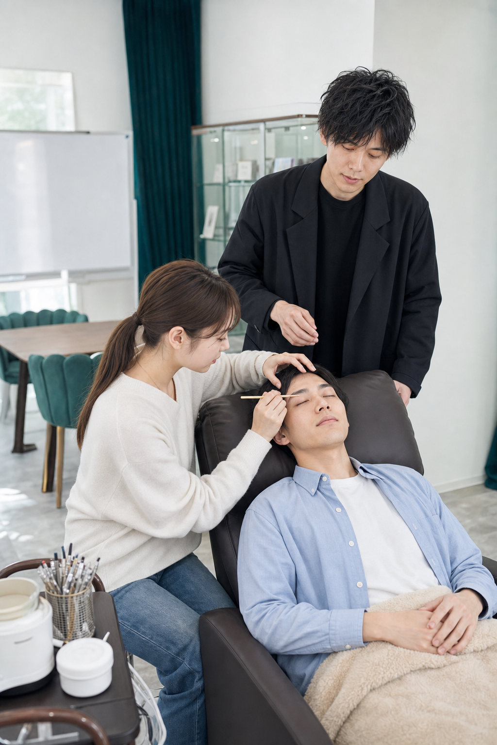 受講生がモデルに眉施術を実践するメンズ眉毛スクールの現場研修
